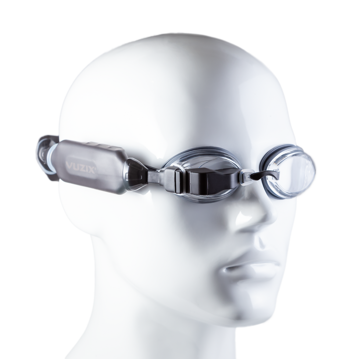 Vuzix Smart Swim trainer mounted on swim goggles fitted on a mannequin’s head.